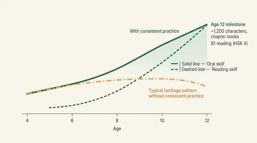 A chart from ages four to twelve showing two descriptive reading trajectories for heritage Mandarin learners, both rendered in jade. A solid line climbs steadily and reaches an age-twelve label reading 'Age 12 goal: about twelve hundred characters, early chapter books, around HSK 4 or CEFR B1.' A dashed line rises more slowly and reaches a label reading 'Typical today: three hundred to six hundred characters, graded readers.' A soft caption under age eight notes that general reading machinery is coming online around that age. The ages eight through twelve region is shaded as a productive window for reading growth.